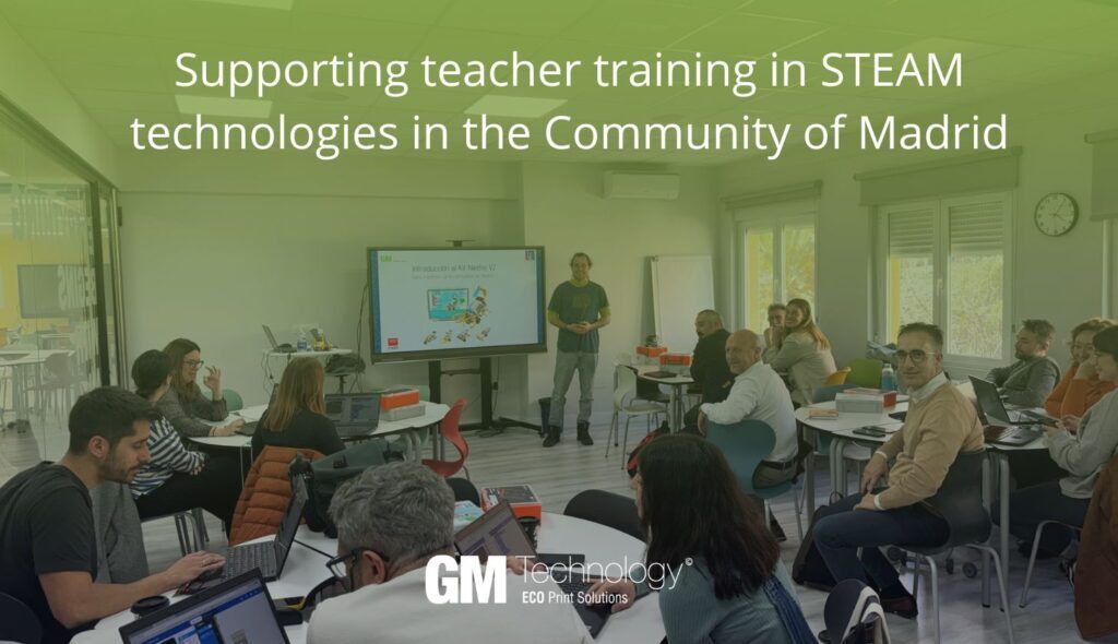Teachers in Madrid participating in hands-on STEAM training using educational robotics kits like Micro:bit and NEZHA